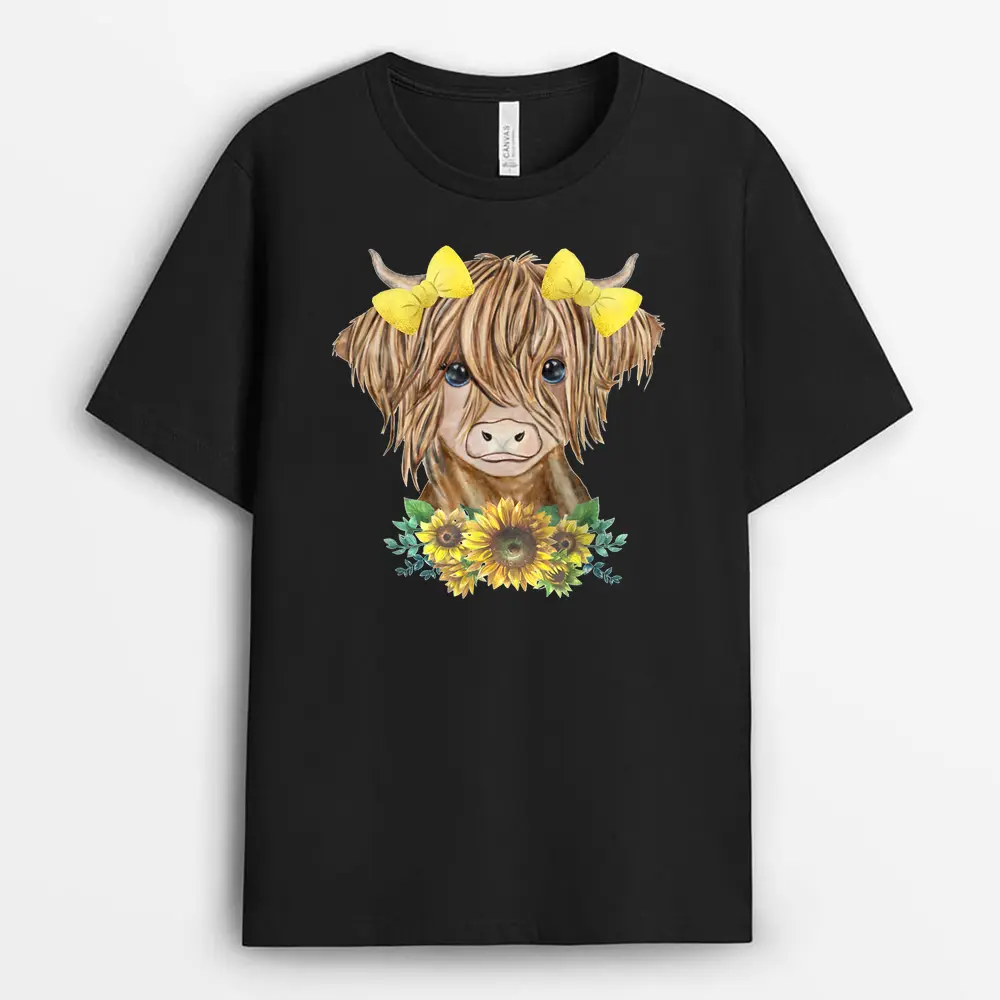 Cute Baby Highland Cow With Sunflowers Farm Farmer Wife Girl T-Shirt - Black