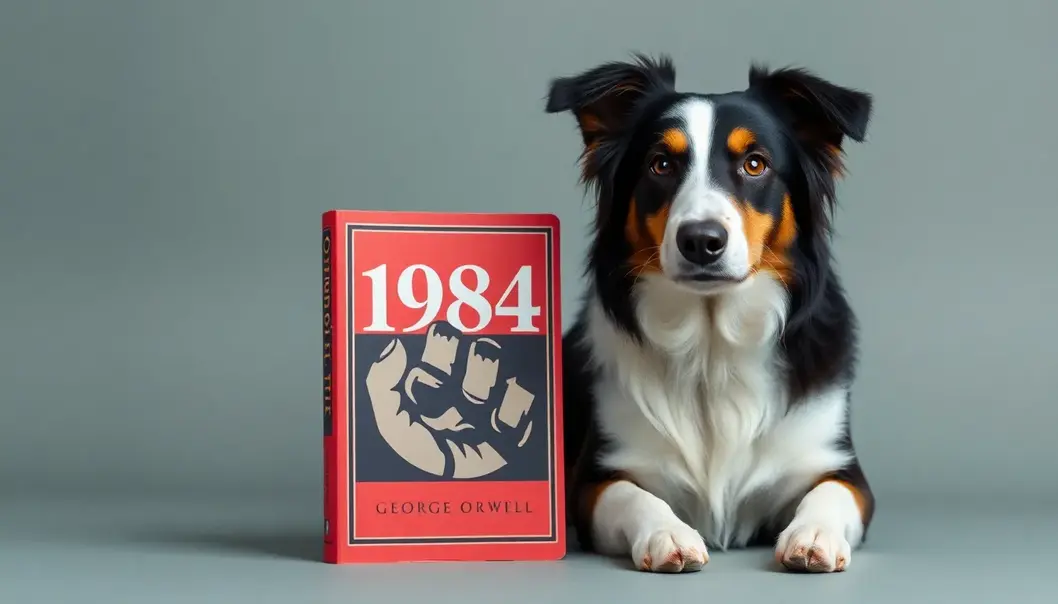 George Orwell’s ‘1984’ juxtaposed with a vigilant border collie.
