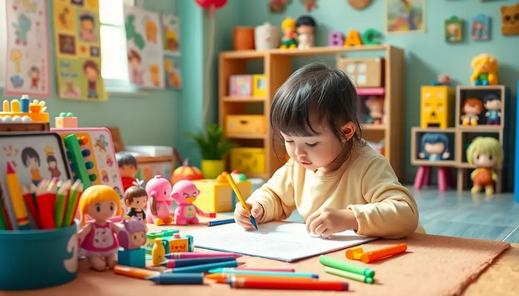 Anime-themed toys fostering creativity in a toddler’s playroom.