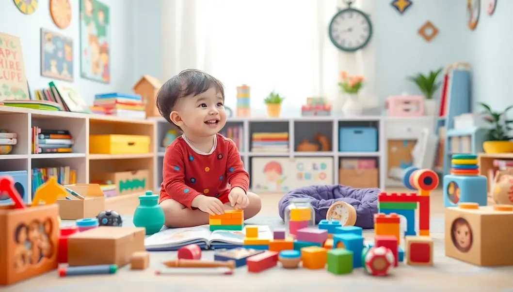 A playroom showcasing a variety of anime-themed educational toys with a happy toddler interacting with them.