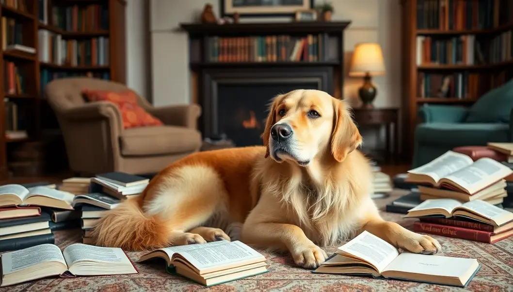 A comfortable golden retriever surrounded by books in a living room.