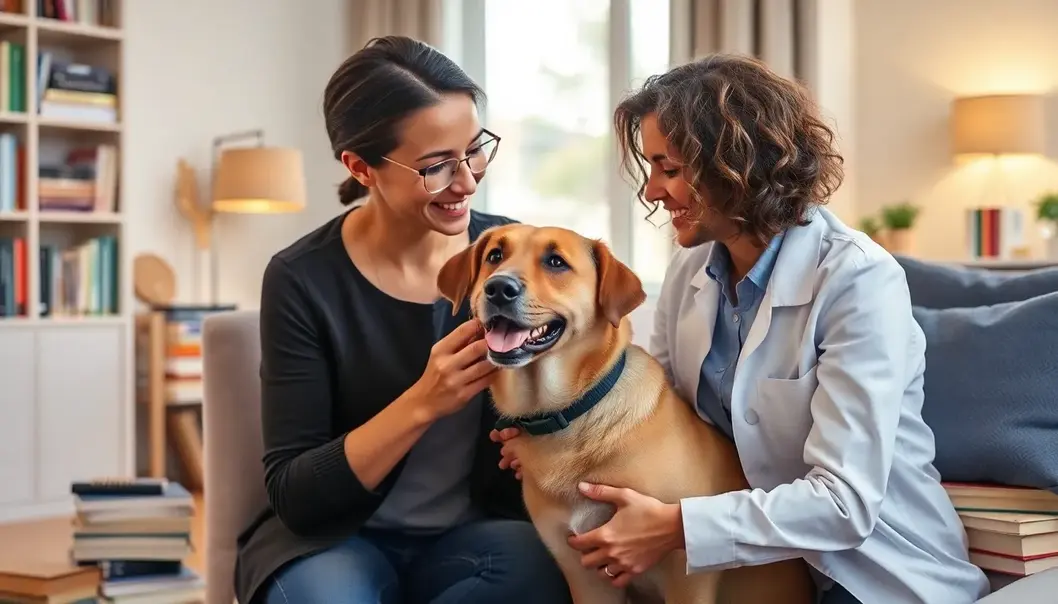 A professional bonding with a dog in a modern home, surrounded by animal behavior books, illustrating a strong human-dog connection.