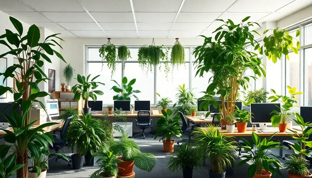 A whimsical scene of office plants mimicking human activities in an office setting.