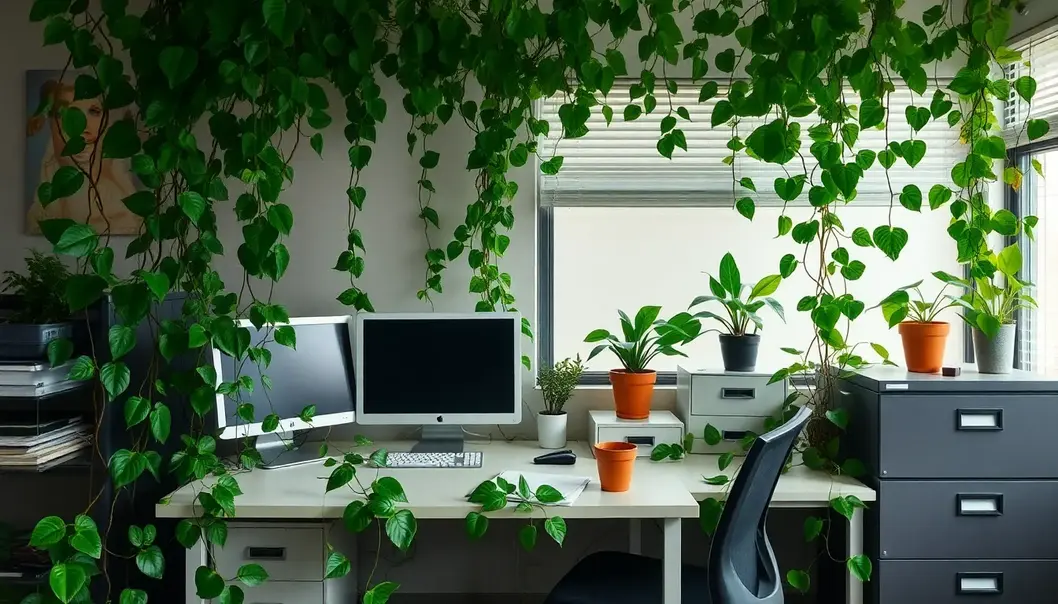 Vines subtly taking over an office desk, hinting at the secret life of plants.