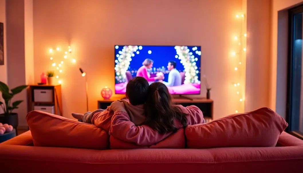 Couples enjoying romantic TV shows that explore love and relationships.