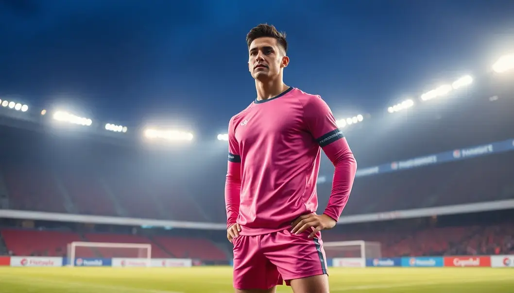 Soccer player in trendy athletic wear under stadium lights.