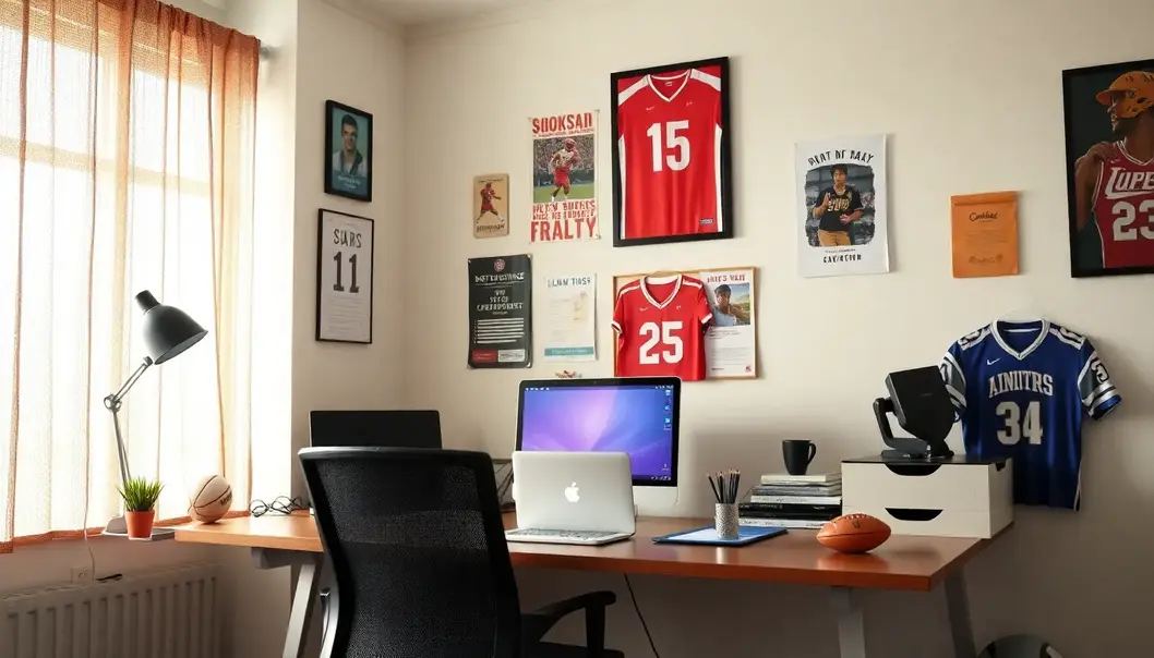 A home office adorned with sports jerseys and motivational posters, reflecting a sports-loving professional environment.