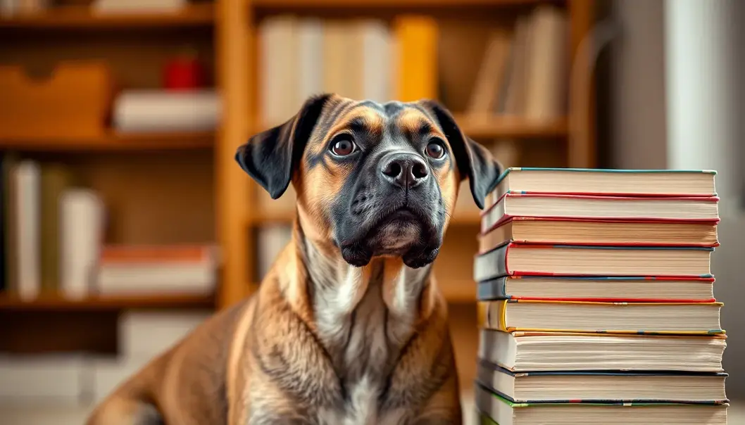 Thoughtful dog sitting next to a stack of scientific books.