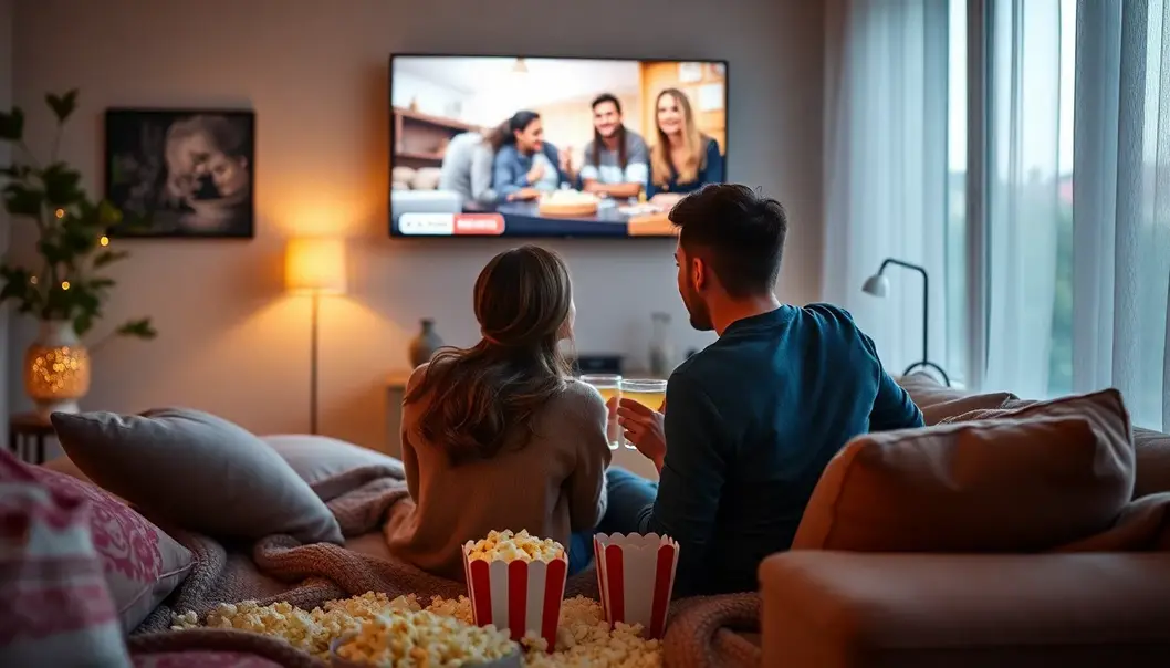 Couple enjoying a cozy night in watching TV.